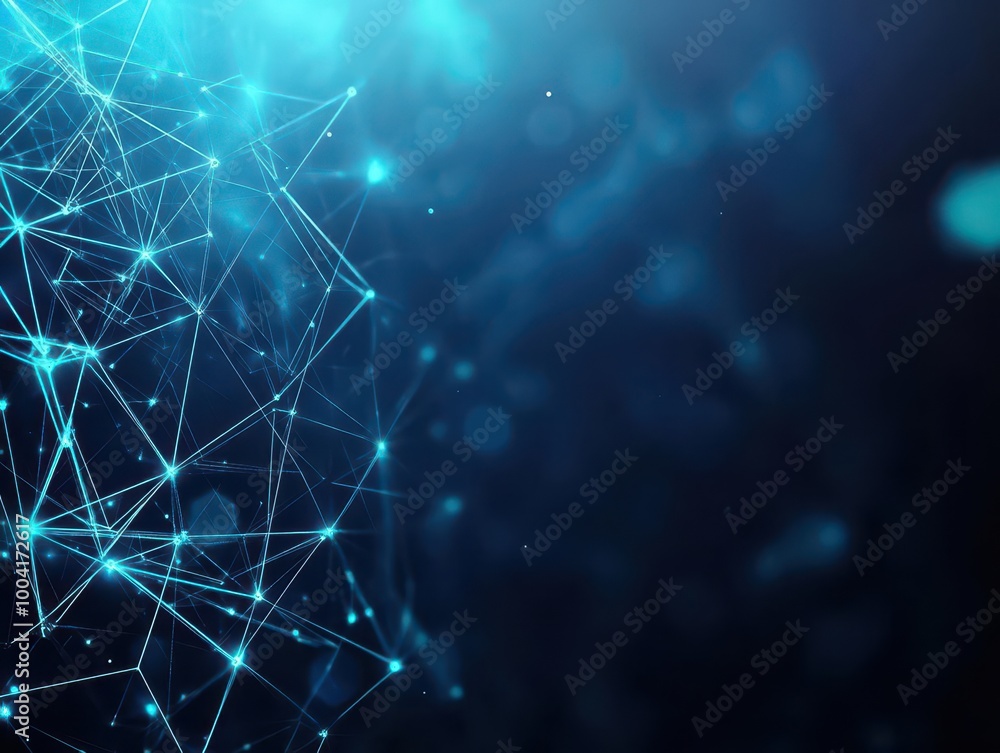 Poster abstract dark blue background with polygonal shapes, neon edges, and glowing outlines, 3d rendering,