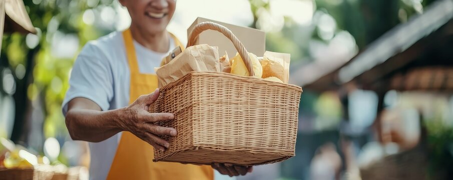 A charitable event where volunteers are distributing baskets full of food to those in need, with smiles and gratitude all around
