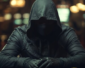 Hooded man in black, casino setting, attractive yet dangerous, sinister and suspenseful atmosphere, horror movie style