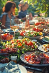 Obraz premium Colorful Salad Table with Grilled Delights in Sunlight