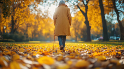 Elderly woman walking through park covered with golden autumn leaves, holding cane, enjoying peaceful stroll in nature, senior citizen appreciating fall scenery during sunset
