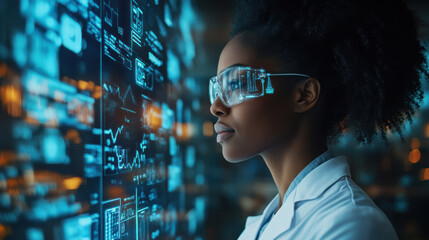 Female researcher using futuristic digital holograms and technology in a high-tech lab, focused on innovation in data analysis, modern science and research, futuristic concept 