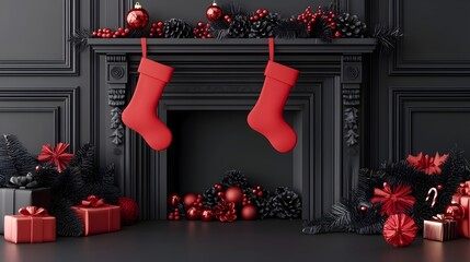 Elegant Christmas Fireplace Scene with Red and Black Decor