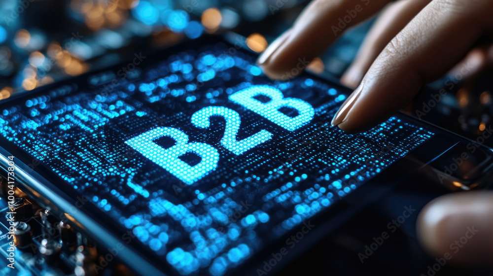 Poster a close-up of a hand tapping a digital display showcasing the b2b concept, set in a high-tech atmosp