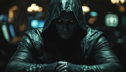 Sinister and attractive hooded man in black, casino environment, dark and ominous, horror movie atmosphere, high contrast and suspenseful