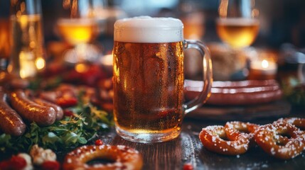 a closeup of a frothy beer in a glass stein placed on a wooden table surrounded by traditional German sausages pretzels mustard and Oktoberfest decorations captured in vibrant colors