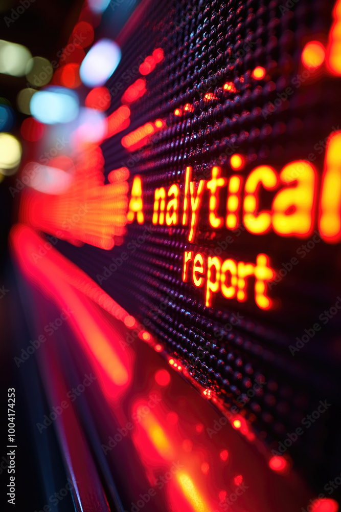 Poster a close-up view of a glowing red digital board presenting an analytical report in a dimly lit techno