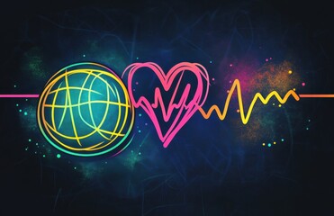 Colorful line art illustration of a volleyball with a dynamic pulse line design, symbolizing energy and sports enthusiasm on a dark background
