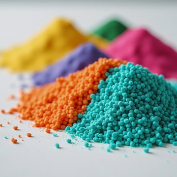 Eco-friendly biodegradable plastic granules of various colors on lab table - raw materials for plastic production
