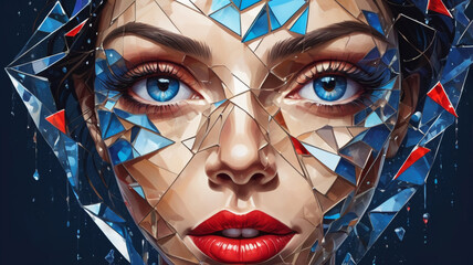 Abstract shattered glass face with vibrant colors in geometric patterns