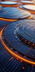 Obraz premium Futuristic solar panels arranged in a circular pattern with a glowing orange and blue color scheme