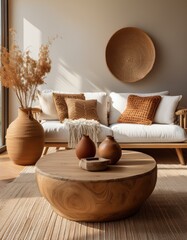 Boho Scandinavian styled living room with neutral colors including white couch, wood coffee table, and natural accents