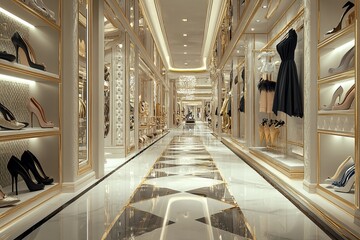 Aisle of a luxury branded women's clothing and accessories store. Luxury boutique