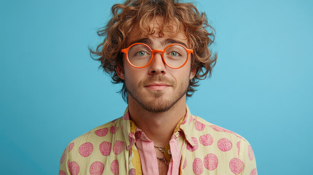 A young man with curly hair and orange glasses smiles confidently against a vivid blue backdrop, showcasing a fun patterned shirt
