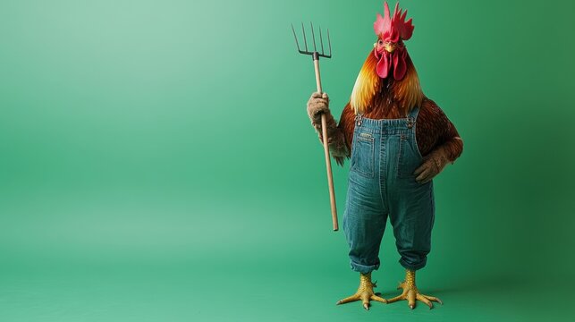 Rooster Dressed as a Farmer with a Pitchfork