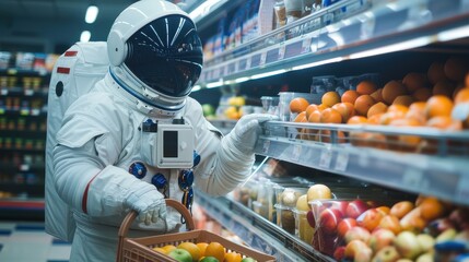 Astronaut in hazmat suit choosing fruits and vegetables in supermarket