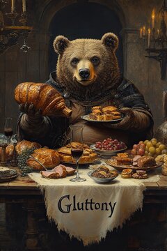 Animal Gluttony: A rotund bear feasting at a grand medieval banquet table, surrounded by piles of food loaves of bread, roasted meats, fruits, and pastries The seven capital sin.