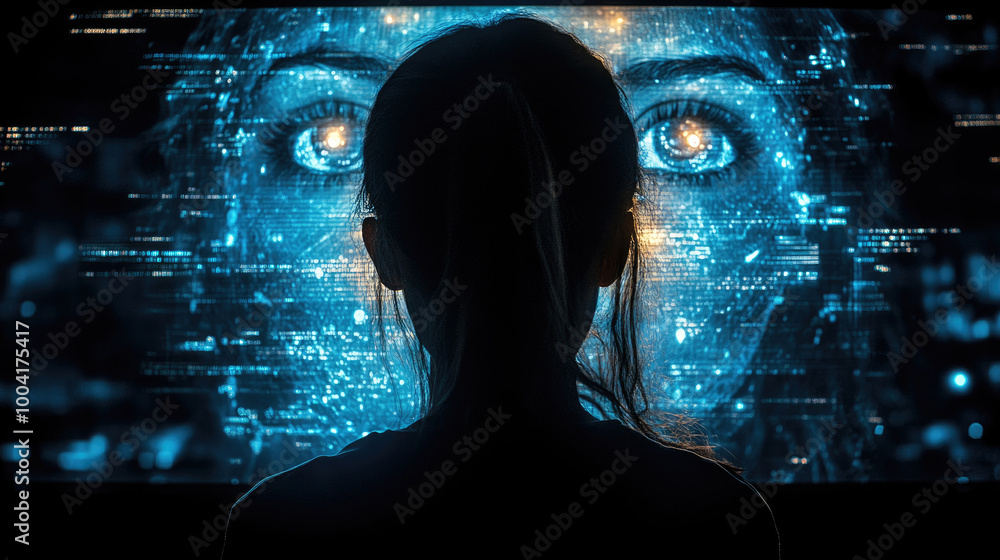 Poster a figure stands in front of a mesmerizing digital interface displaying a glowing human face, immerse