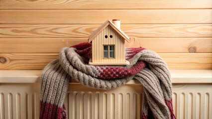 Cozy winter concept little wooden house wrapped in scarf on radiator in warm home