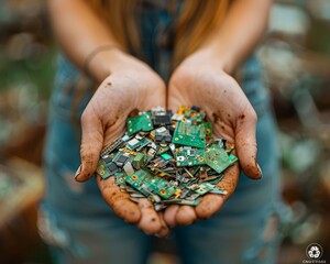 Hands holding electronic waste on blue background for recycling and sustainable planet theme