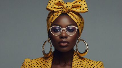 Stylized portrait of a fashionable woman with dark skin, wearing oversized glasses
