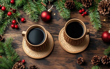 Wooden table from above, coffee cups on surface, round beige carton coaster, Christmasthemed ambiance, holiday decorations