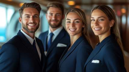 Smiling cruise ship crew members wearing marine blue suits.