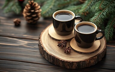 Fototapeta premium Wooden table top view, coffee cups and round beige coaster, Christmas theme, festive setting