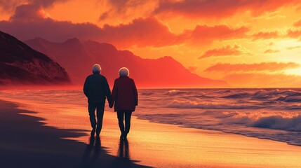 Elderly Couple Walking on Beach at Sunset