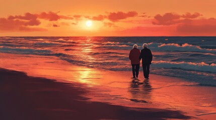 Obraz premium Serene Sunset Walk of an Elderly Couple on the Beach