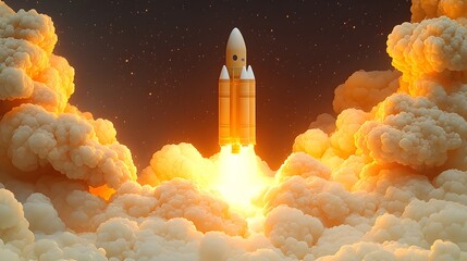 Abstract 3D Rocket Launch with Surrounding Clouds