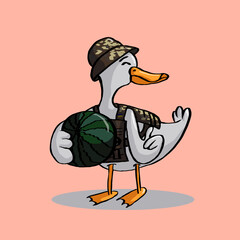 A Pacific Black Duck eating watermelon with water background