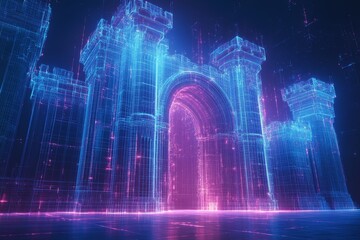 Futuristic castle design, glowing wireframe structure, intricate architectural details, imaginative and innovative concept, digital art exploration