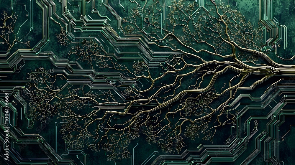 Aufkleber futuristic abstract design of interconnected circuits and tree branches symbolizing organic