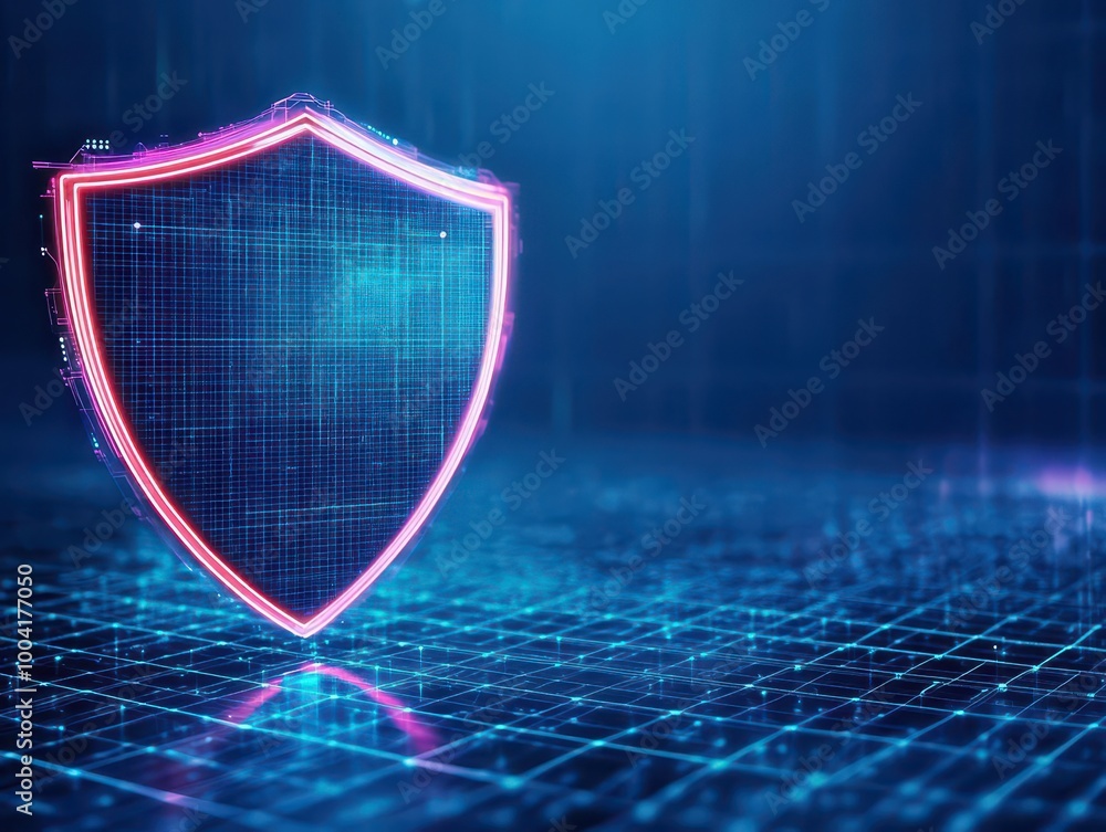 Poster abstract security shield floating over a digital grid, dark blue background, neon glowing edges, cyb