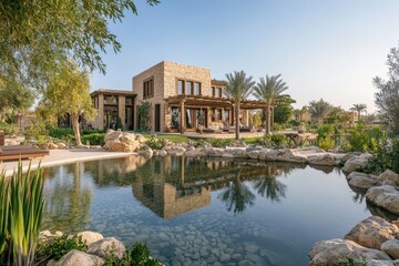 Obraz premium A serene modern home with a reflective pond and lush greenery.