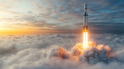Rocket Rising High into the Sky with Dramatic Clouds