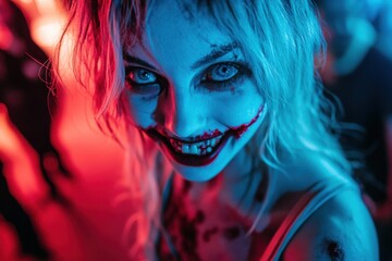 a photo of a happy woman at a halloween party dressed as a zombie