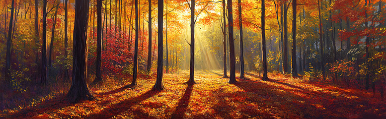 Obraz premium Goldener Herbstwald im sanften Sonnenlicht
