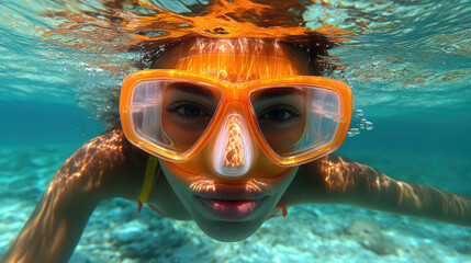 Fototapeta premium A young swimmer with vibrant orange snorkeling gear dives into crystal-clear waters, closely observing underwater life in a tropical setting