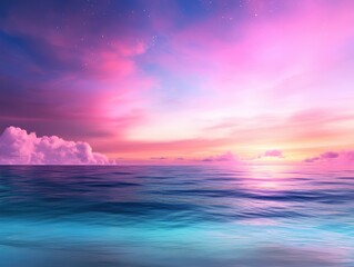 Fototapeta premium A serene ocean view at sunset, displaying vivid hues of pink, purple, and blue against a peaceful horizon.