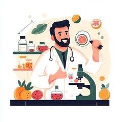 Dietitian doctor with magnifying glass, hand drawn illustration of dietitian doctor studying the issue of proper nutrition