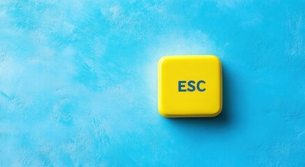 Yellow ESC keyboard key against a vibrant blue background symbolizing escape, freedom, technology, and simplicity in modern design
