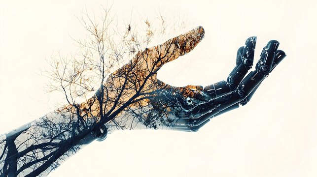 Robotic Hand Entwined with Tree Branches - Abstract Double Exposure Symbolizing Technology and