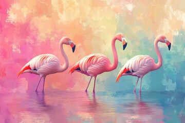 Obraz premium Three elegant flamingos in a vibrant, abstract landscape, showcasing dynamic colors and fluid forms, capturing the essence of nature's beauty.