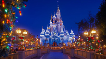 Winter Wonderland: Cinderella's Castle covered with snow and Christmas lights, magical evening setting, charming and festive moodon Christmas