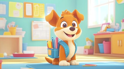 A cartoon dog participating in a charity event, helping volunteers set up a booth with a big smile. The image emphasizes the positive impact pets can have in community service and teamwork.