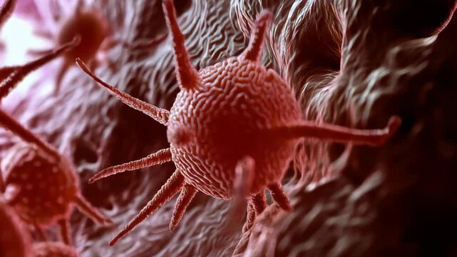 Cancer cells inside human body blood and lymph system. Science, health, medicine, diseases of human blood and lymphatic system