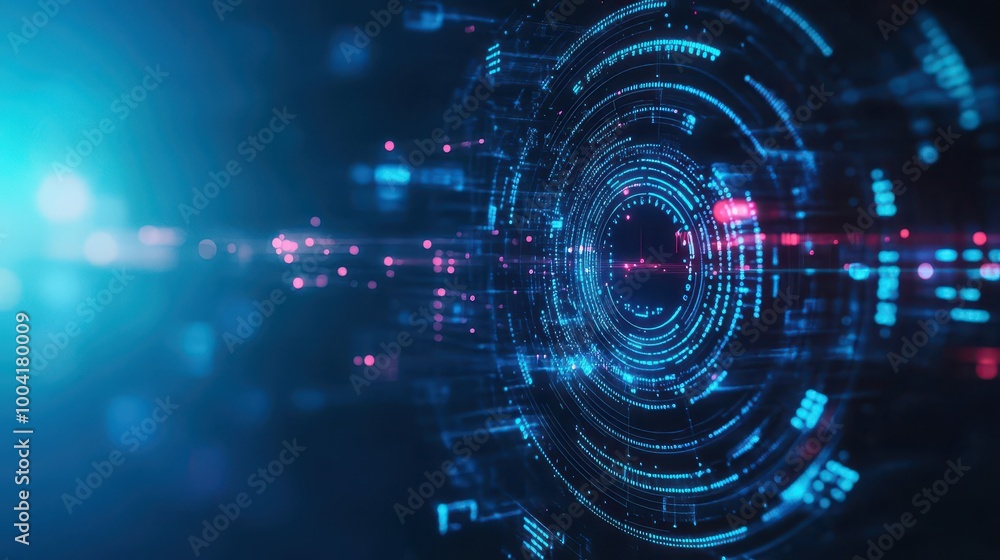 Poster AI machine learning patterns, data flow holograms, blue tones, futuristic backdrop