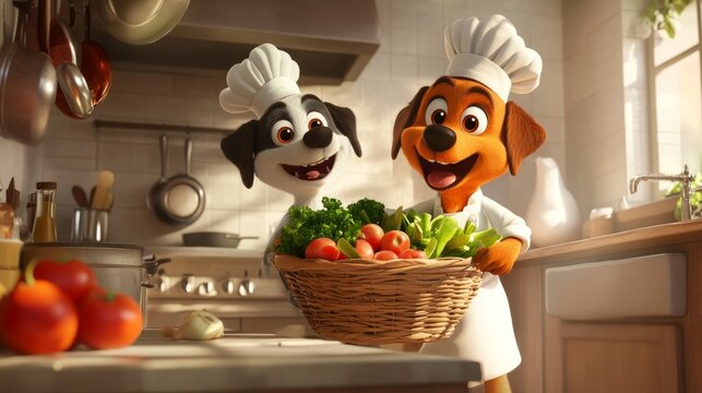 A cute cartoon dog assisting a chef in a kitchen by carrying a basket of fresh vegetables. The lively interaction highlights the fun and companionship pets can bring to culinary work.